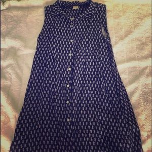 Navy blue patterned dress with red detail